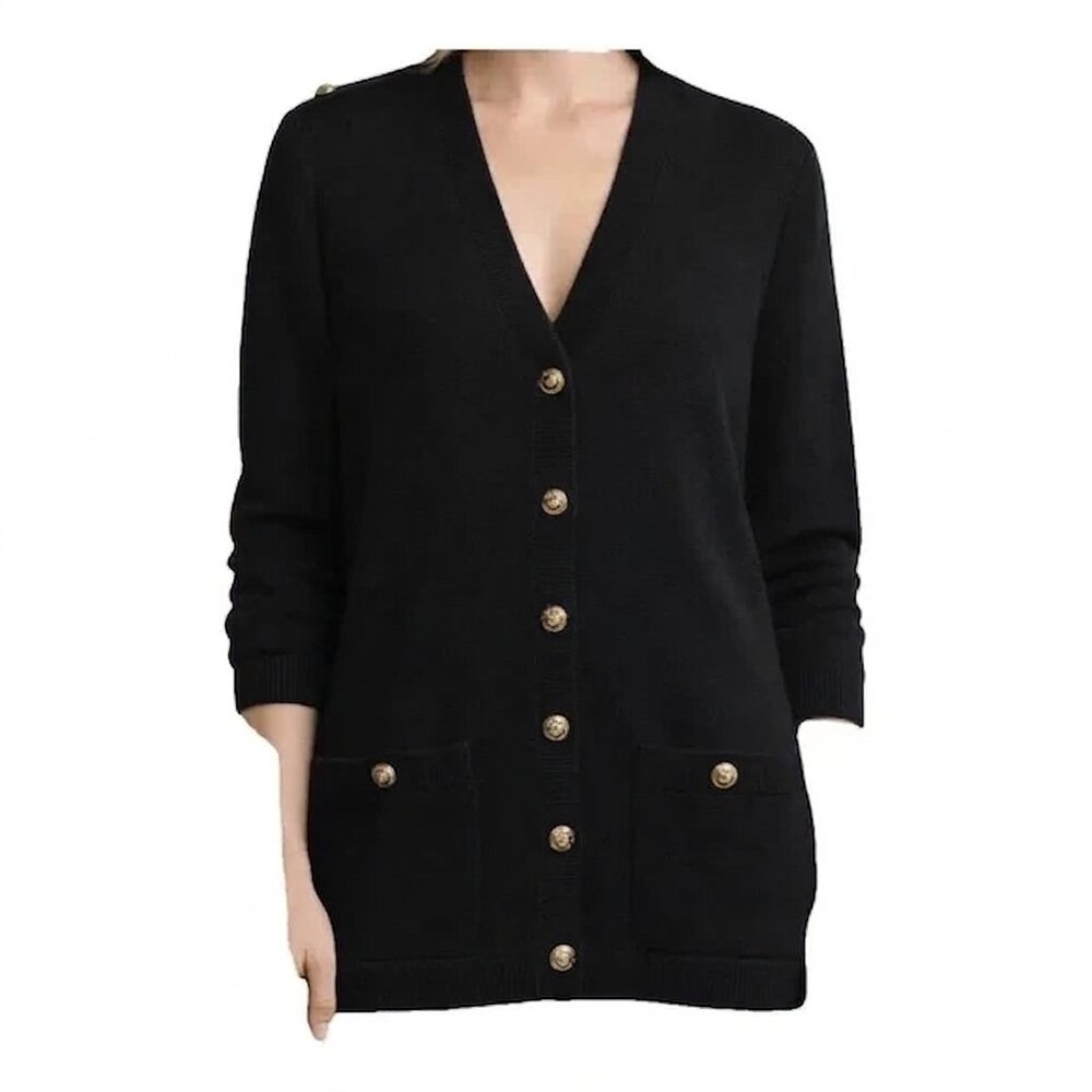 St John Basics Sweater Womens Large Black Long Cardigan Gold Buttons Trim